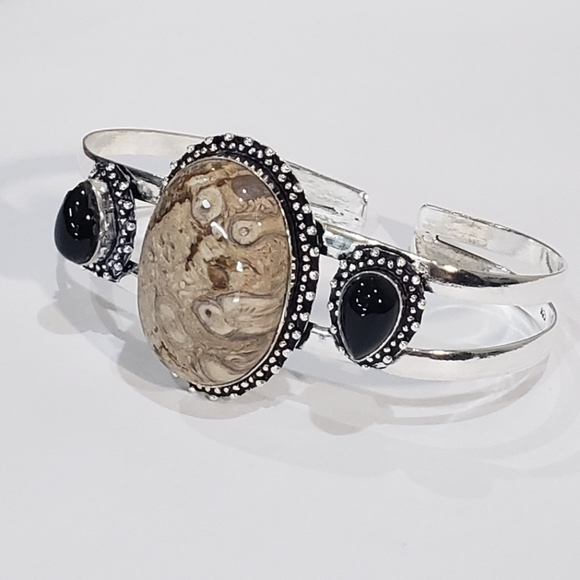 Chalcedony bracelet, 925 silver rock chalcedony black onyx adjustable bangle - Picture 6 of 15